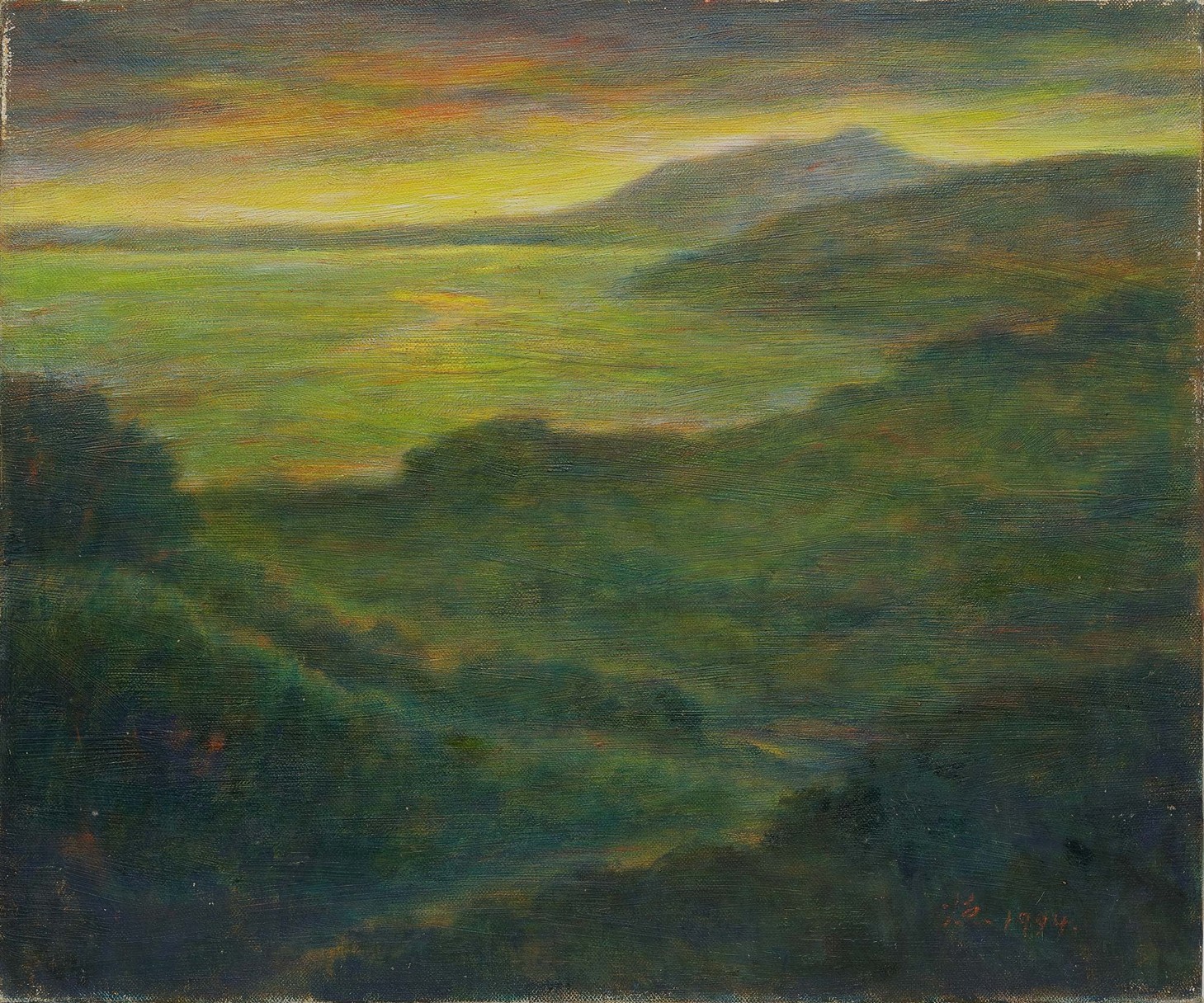 9. 廖德政《殘照(觀音暮色)》,1992,油畫,44.3x 36.8.3 cm。圖片來源:臺中市立美術館提供。